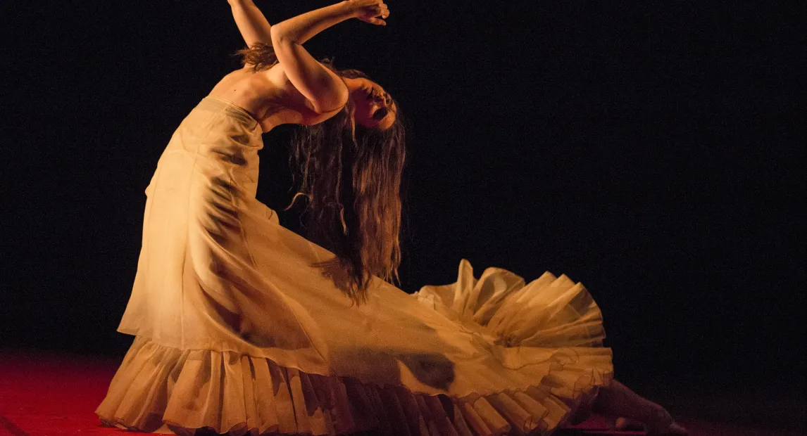 Una bailarina en posición de flamenca está bailando
