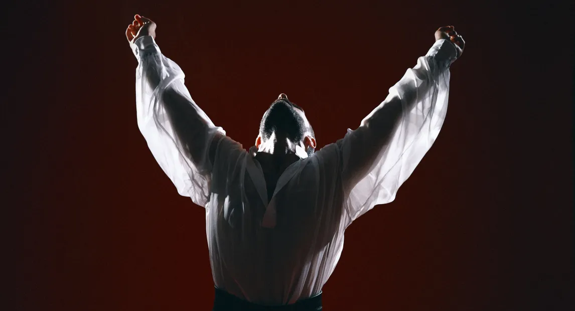 Un bailarín tiene los brazos alzados, la luz por detrás de él marca su silueta.